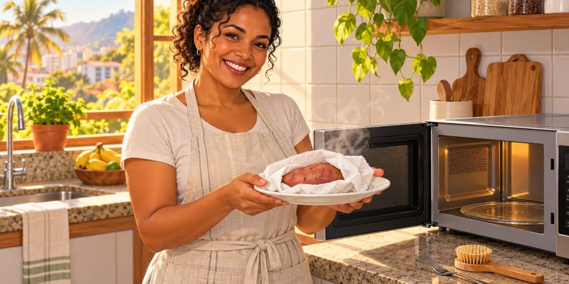 Batata-doce envolta em papel-toalha úmido vai ao micro-ondas e cozinha no vapor em poucos minutos.