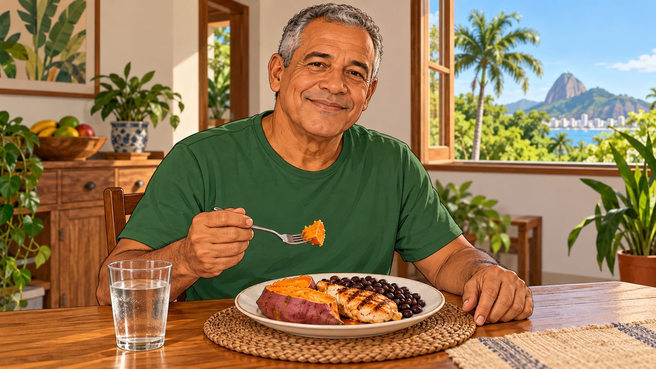 Batata-doce com casca, combinada a frango e feijão, desacelera a digestão do carboidrato.