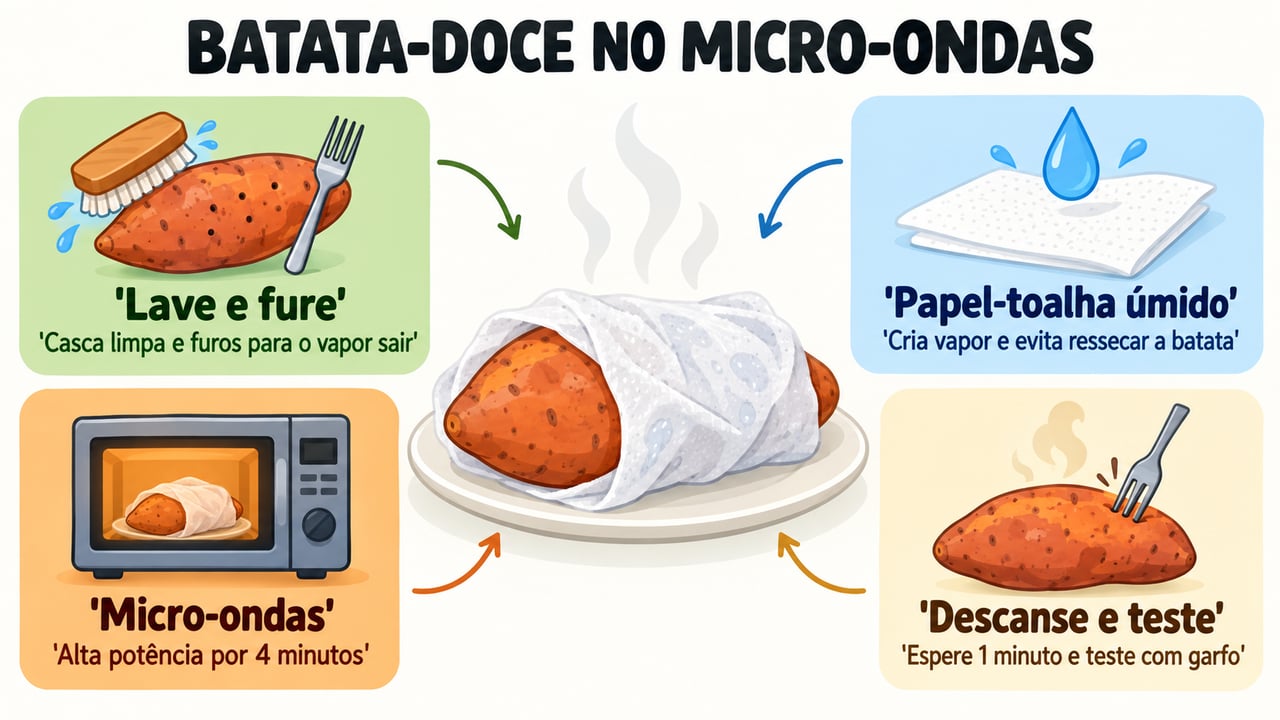 Passo a passo do preparo: lavar e furar, envolver em papel úmido, aquecer e testar.