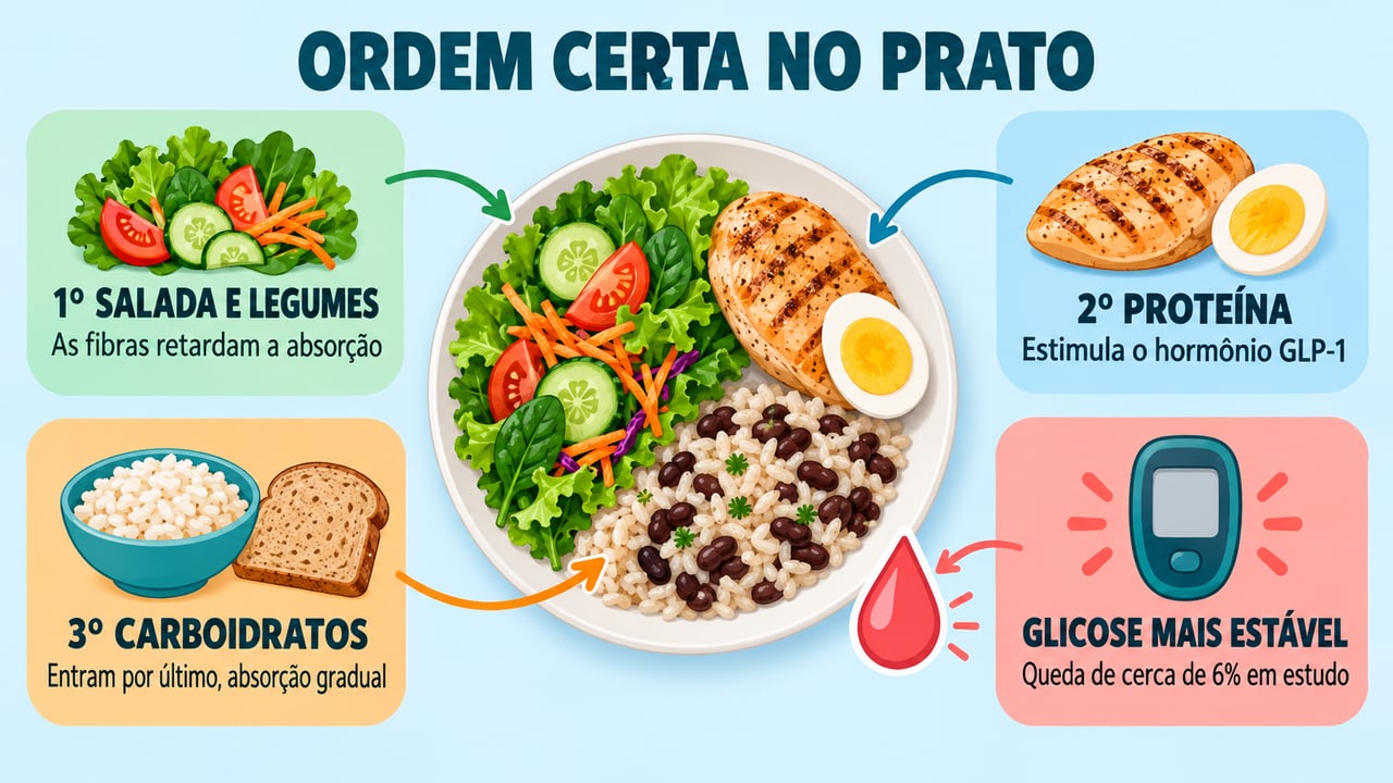 Salada e legumes, depois proteína e por último carboidratos: a sequência que suaviza a glicose após comer.