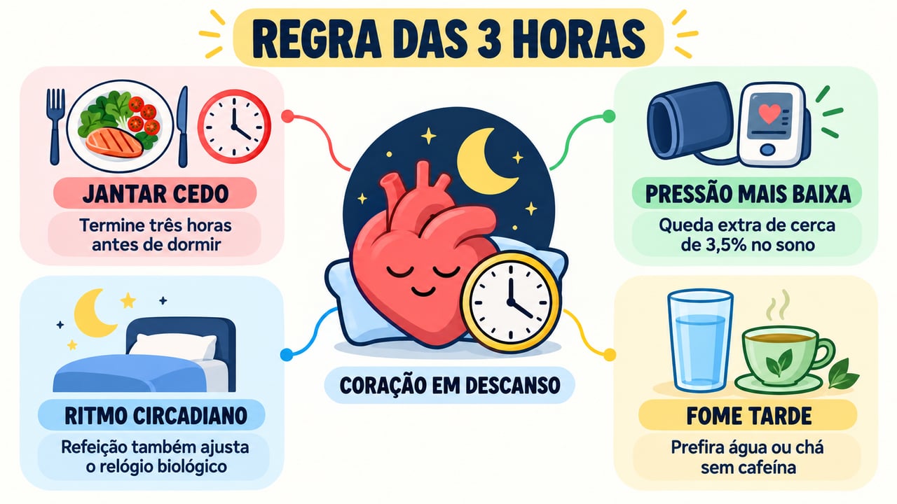 Jantar cedo, queda da pressão, ritmo circadiano e controle da fome noturna resumem a regra das 3 horas.