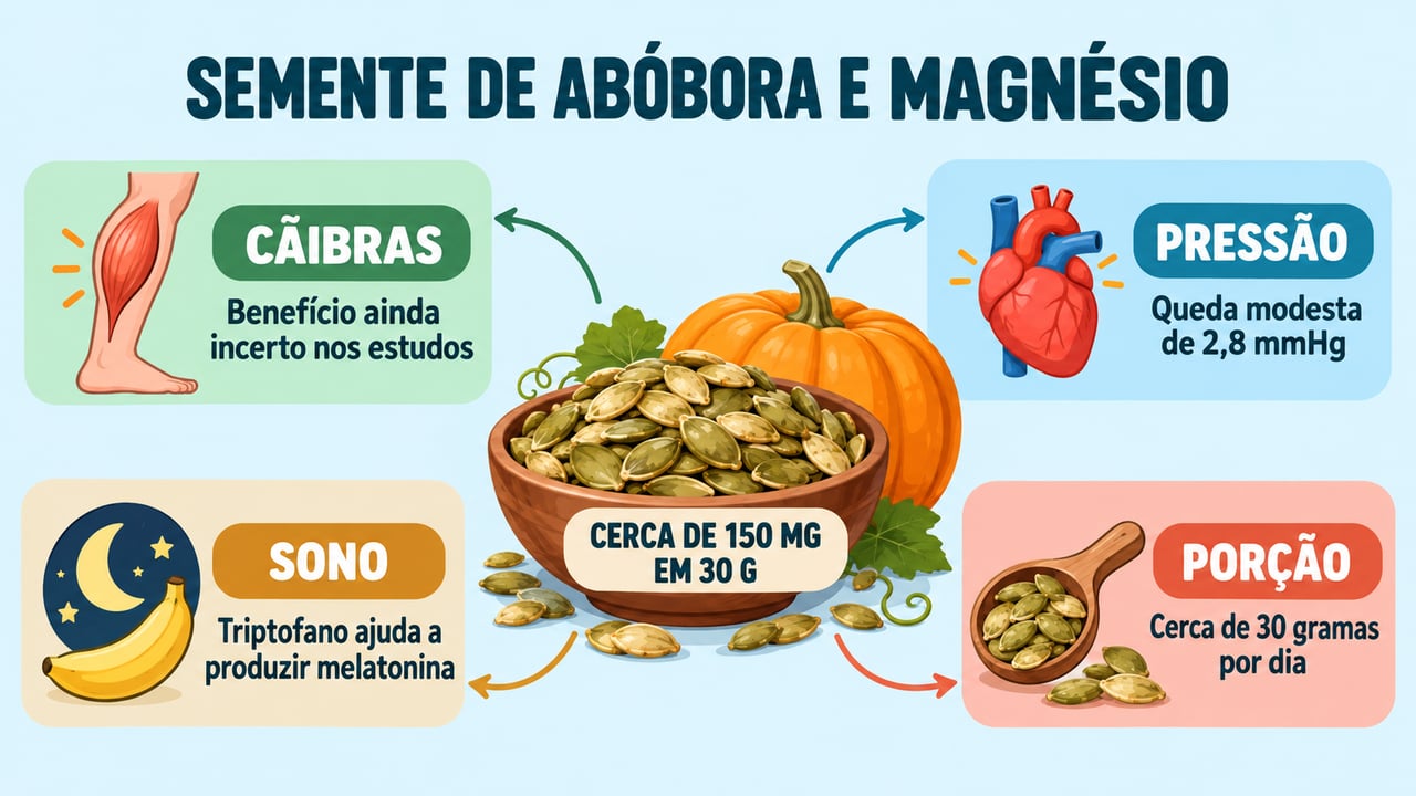 Magnésio da semente de abóbora: o que os estudos dizem sobre cãibras, pressão, sono e porção diária.