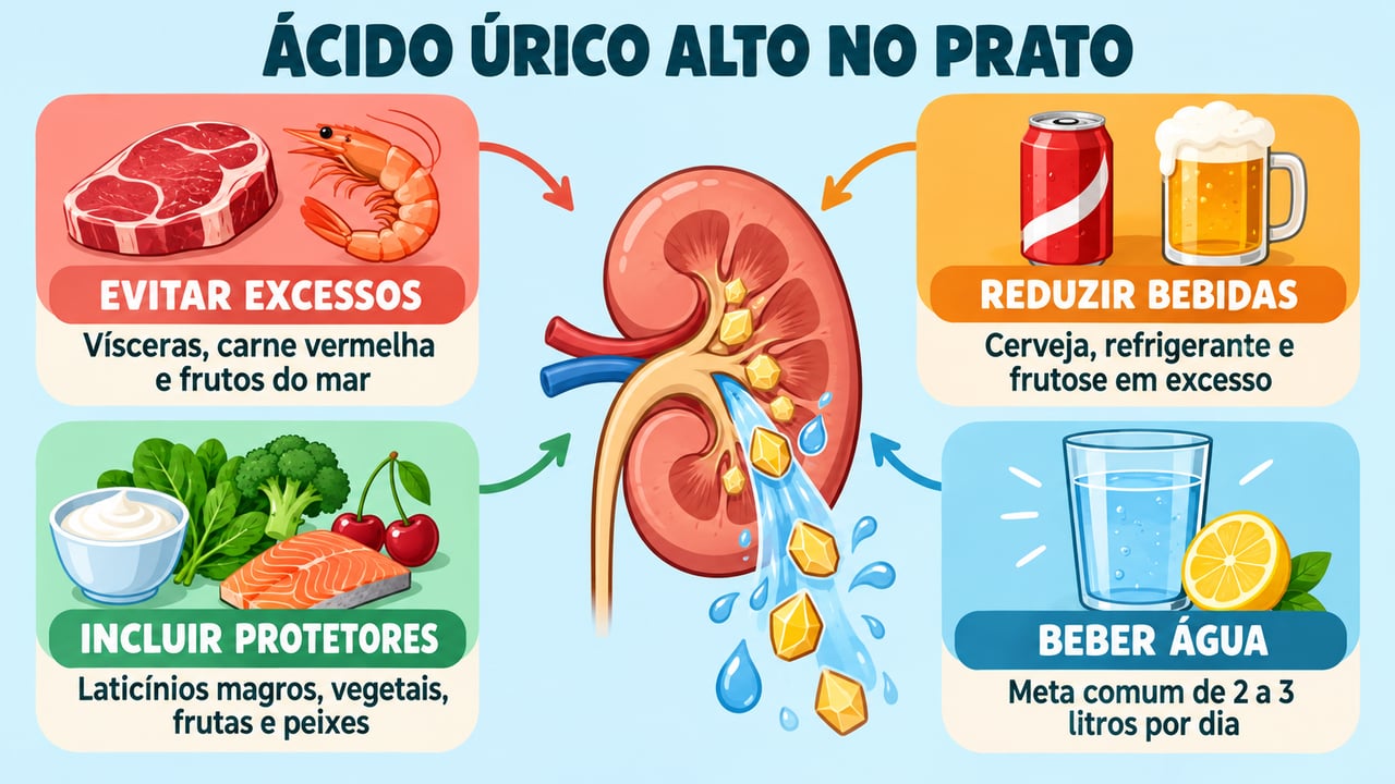 Quatro frentes contra o ácido úrico alto: evitar excessos, reduzir bebidas açucaradas, incluir protetores e hidratar-se.