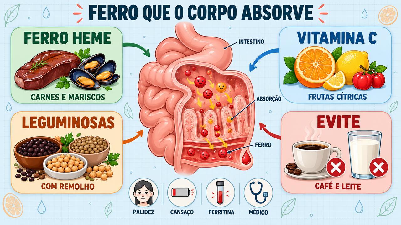 Ferro heme, vitamina C, leguminosas preparadas com remolho e atenção a café e leite melhoram a absorção.