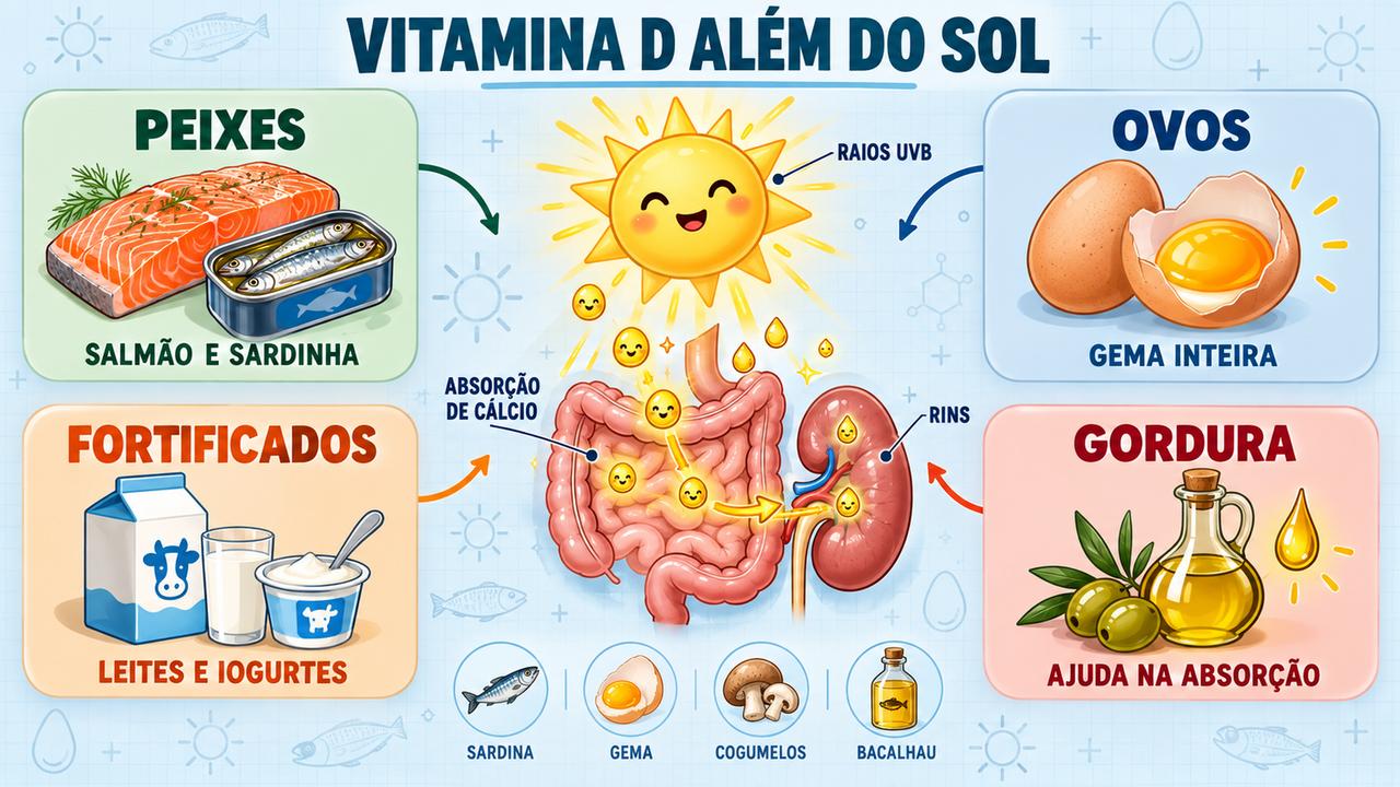 Quatro pilares alimentares da vitamina D: peixes gordurosos, ovos, fortificados e gorduras que favorecem a absorção.