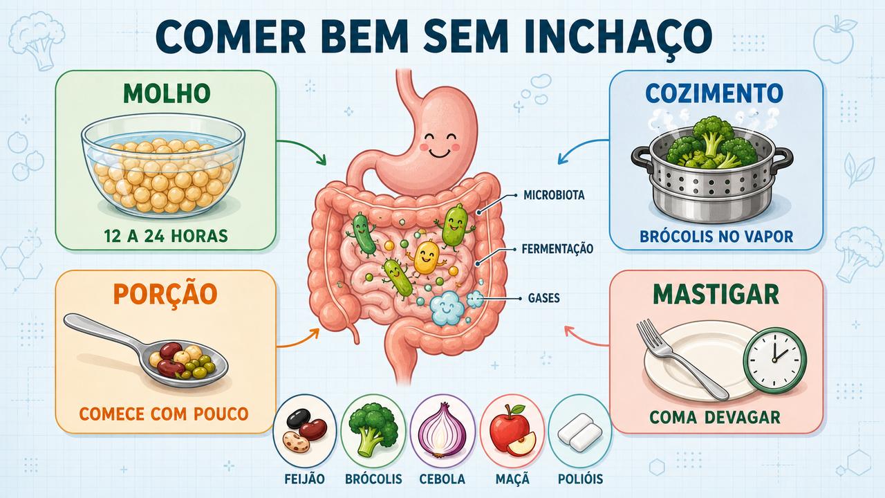Quatro estratégias para reduzir gases: molho, cozimento adequado, porções pequenas e mastigação lenta.