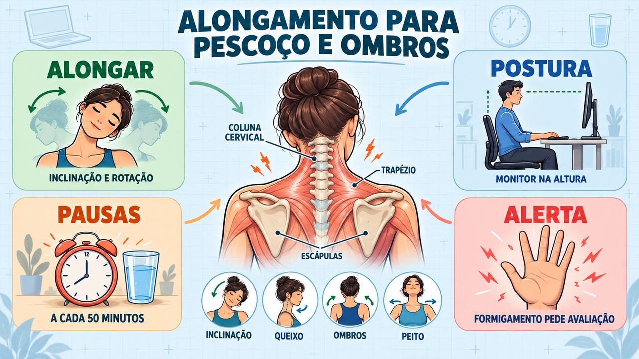 Alongamentos, postura, pausas regulares e sinais de alerta ajudam a aliviar a tensão no pescoço e nos ombros.