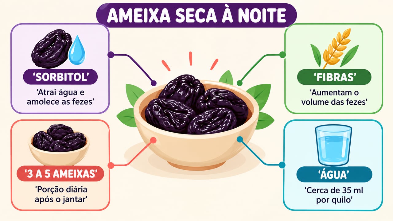 Sorbitol, fibras, porção de 3 a 5 ameixas e água explicam o efeito no intestino.