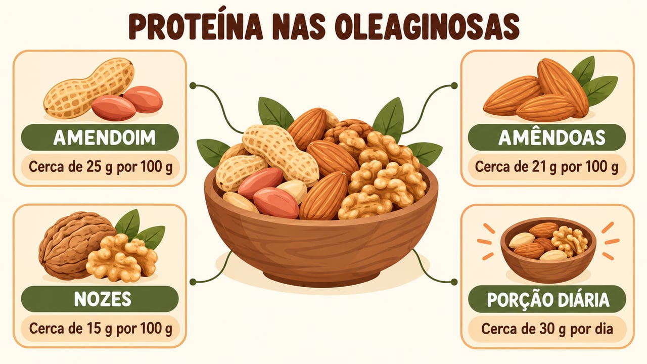 Comparação de proteína por 100 g entre amendoim, amêndoas e nozes, com a porção diária de 30 g.