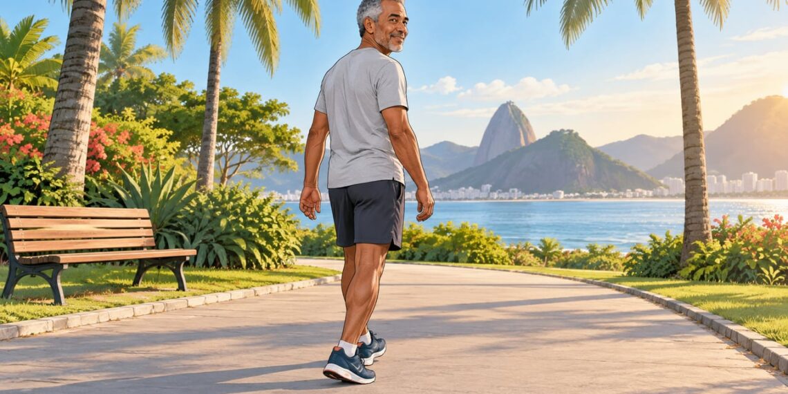 Caminhar de costas em superfície plana treina equilíbrio e alivia a pressão na frente do joelho.