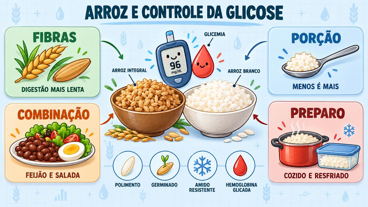 Fibras, porção, combinação de alimentos e preparo são os quatro pilares para equilibrar a glicemia com arroz.