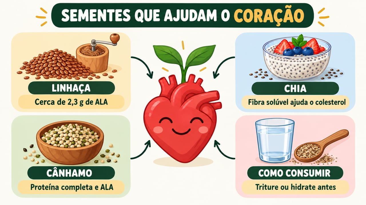 Linhaça, chia e cânhamo concentram ômega-3 vegetal, e o preparo certo melhora o aproveitamento.
