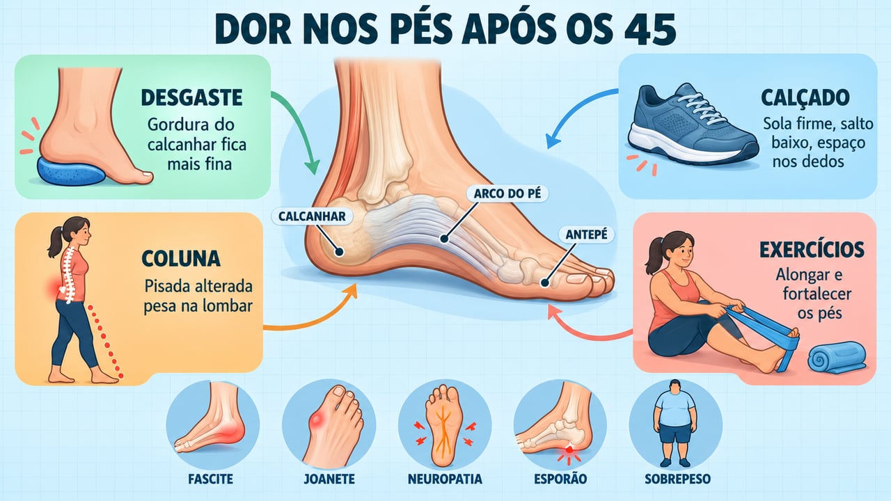 Desgaste, calçado, ligação com a coluna e exercícios resumem os cuidados para os pés após os 45.