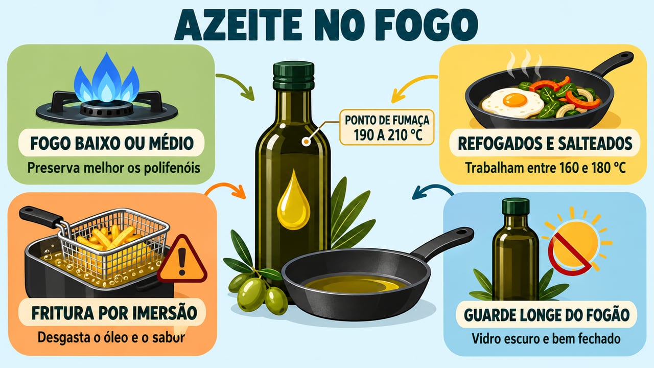 Ponto de fumaça, fogo moderado, fritura por imersão e armazenamento correto definem o uso do azeite no fogão.