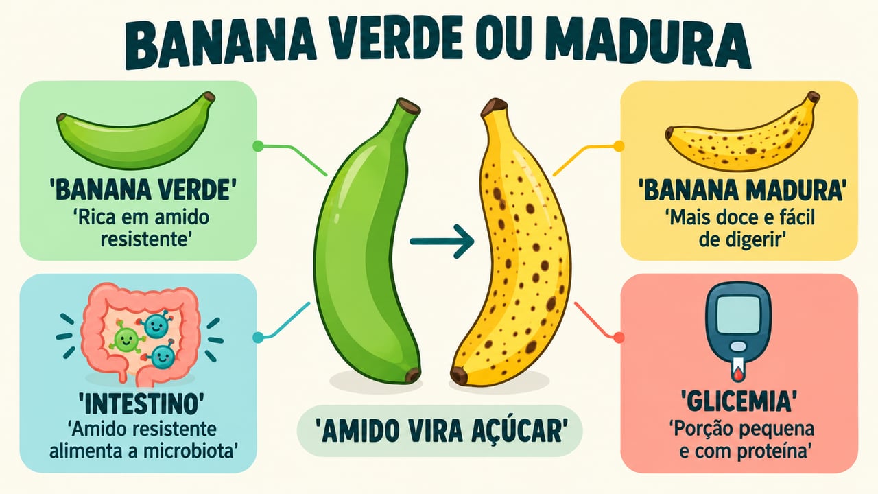 Entre amido resistente e açúcar, a maturação da banana muda a digestão, a microbiota e a glicemia.