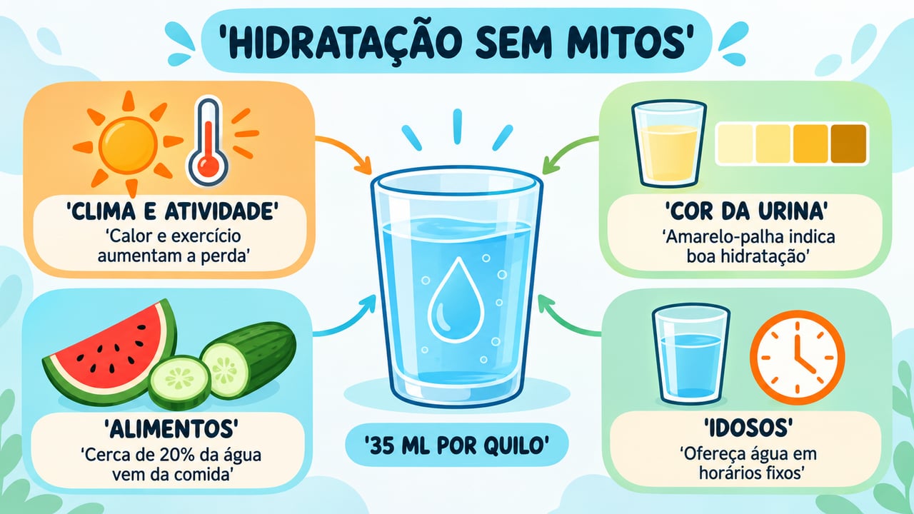 Clima, atividade física, cor da urina, alimentos ricos em água e atenção aos idosos orientam a hidratação.