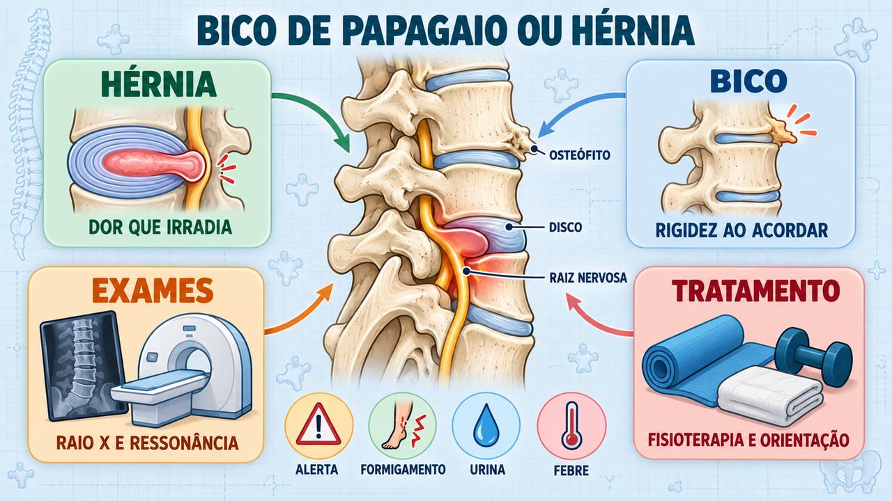 Hérnia, bico de papagaio, exames e tratamento: pilares para diferenciar a dor nas costas.