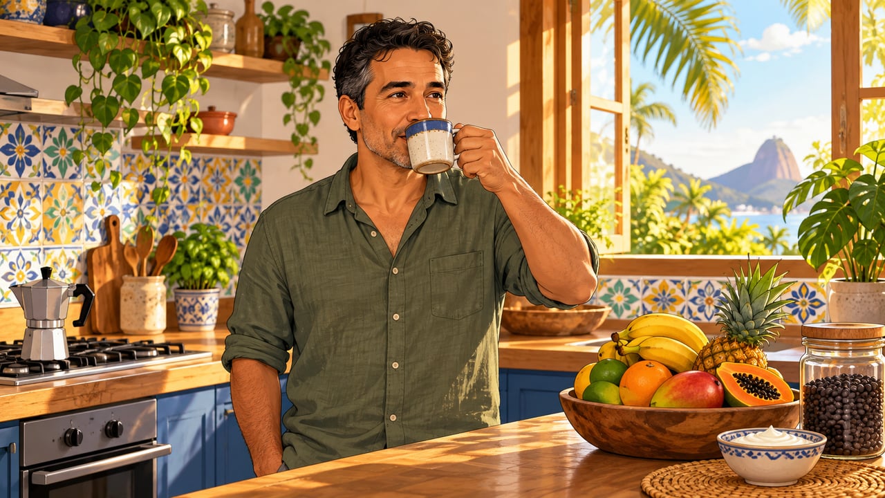 Café sem açúcar, acompanhado de frutas e fibras, nutre a microbiota e respeita o limite diário.