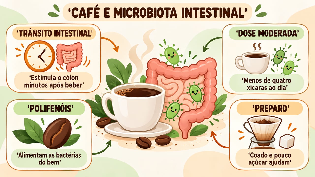 Trânsito intestinal, dose moderada, polifenóis e preparo: os quatro pontos que definem como o café age no intestino.