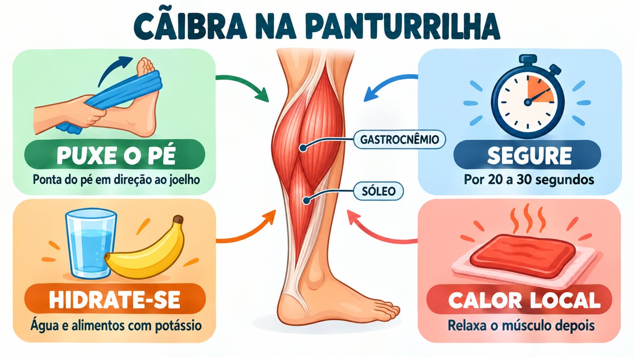 Puxar o pé, segurar o alongamento, hidratar-se e aplicar calor ajudam a aliviar a cãibra.