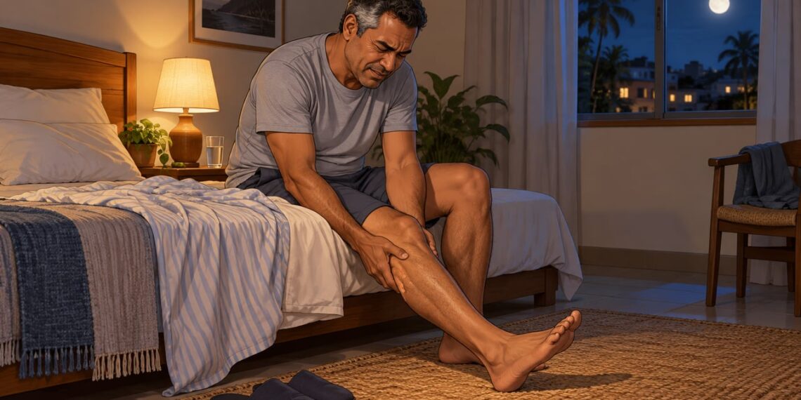 A câimbra noturna na panturrilha interrompe o sono e exige ação rápida para aliviar a dor.