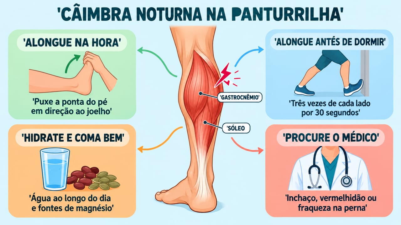 Alongar na hora e antes de dormir, hidratar-se e saber quando procurar o médico previnem câimbras.
