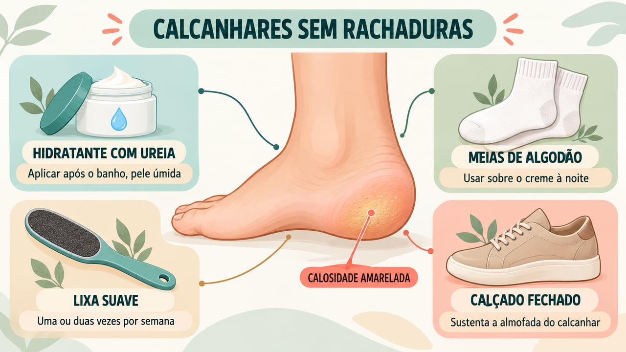 Ureia, meias de algodão, lixa suave e calçado fechado protegem os calcanhares contra rachaduras.