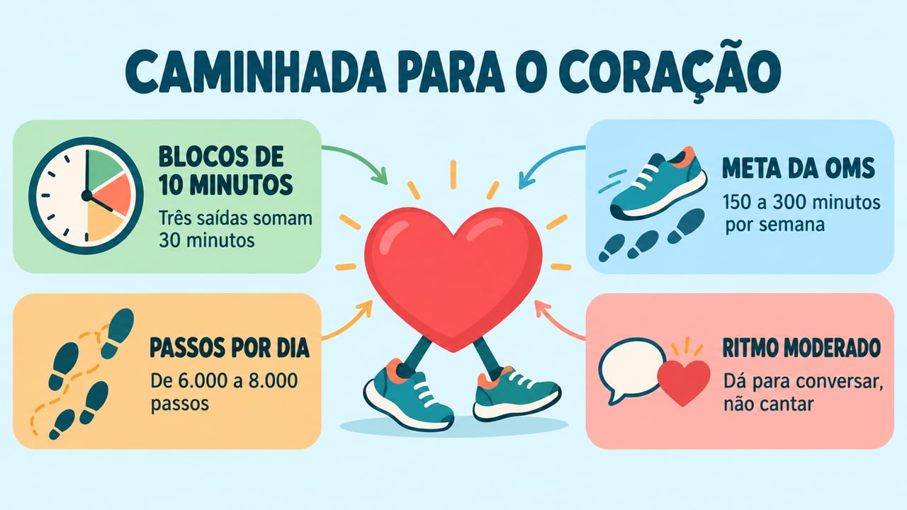 Blocos de 10 minutos, meta da OMS, passos diários e ritmo moderado: os pilares da caminhada.
