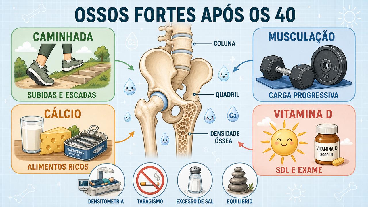 Quatro pilares contra a osteoporose: caminhada, musculação, cálcio na alimentação e vitamina D.