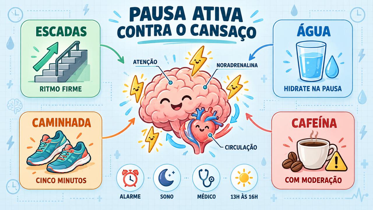 Escadas, caminhada, água e café moderado: pilares para driblar o cansaço da tarde.