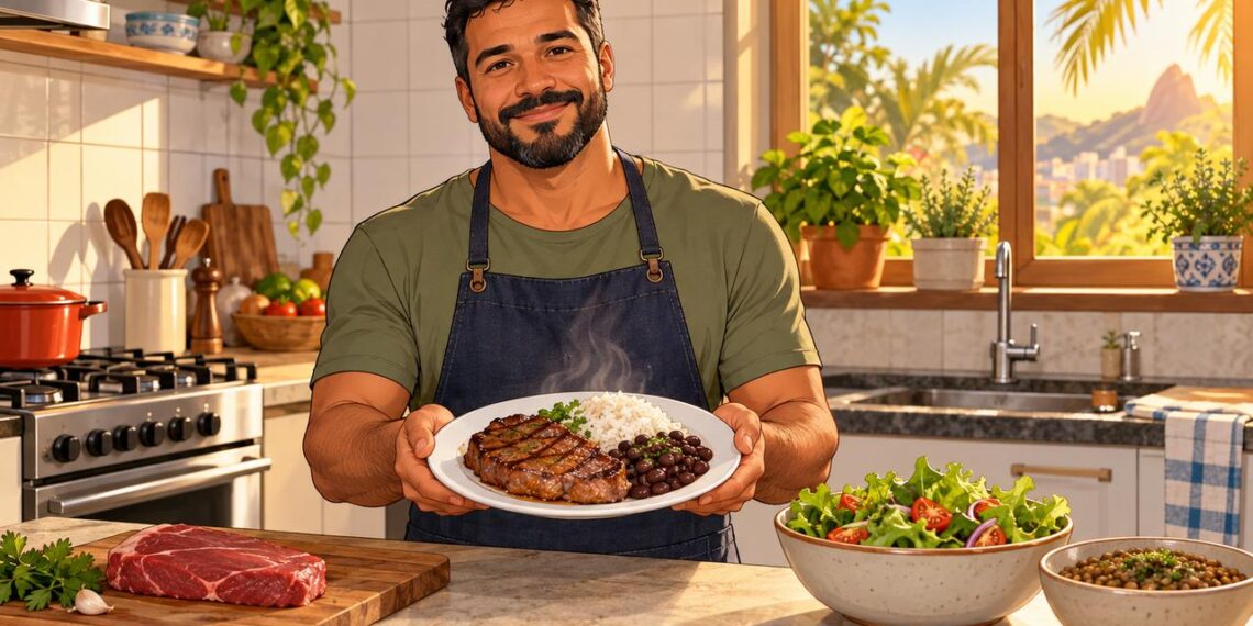 Prato equilibrado com bife magro, arroz e feijão mostra como incluir carne vermelha com moderação na semana.