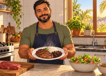 Prato equilibrado com bife magro, arroz e feijão mostra como incluir carne vermelha com moderação na semana.