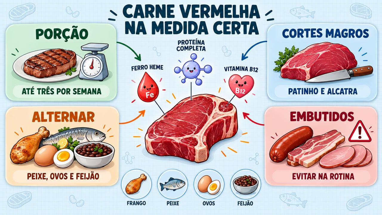Porção semanal, cortes magros, alternância com outras proteínas e cuidado com embutidos sustentam o consumo equilibrado.