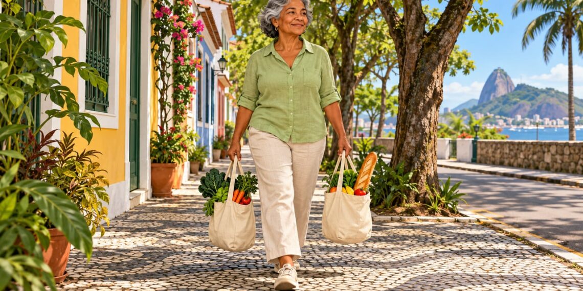 Carregar sacolas de mercado com regularidade fortalece pegada, ombros, pernas e abdômen após os 60 anos.