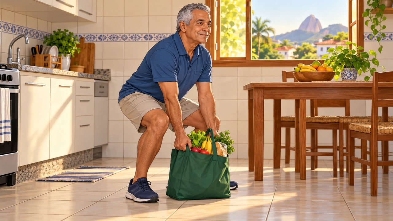Dobrar os joelhos e manter a coluna reta protege a lombar ao erguer as compras.
