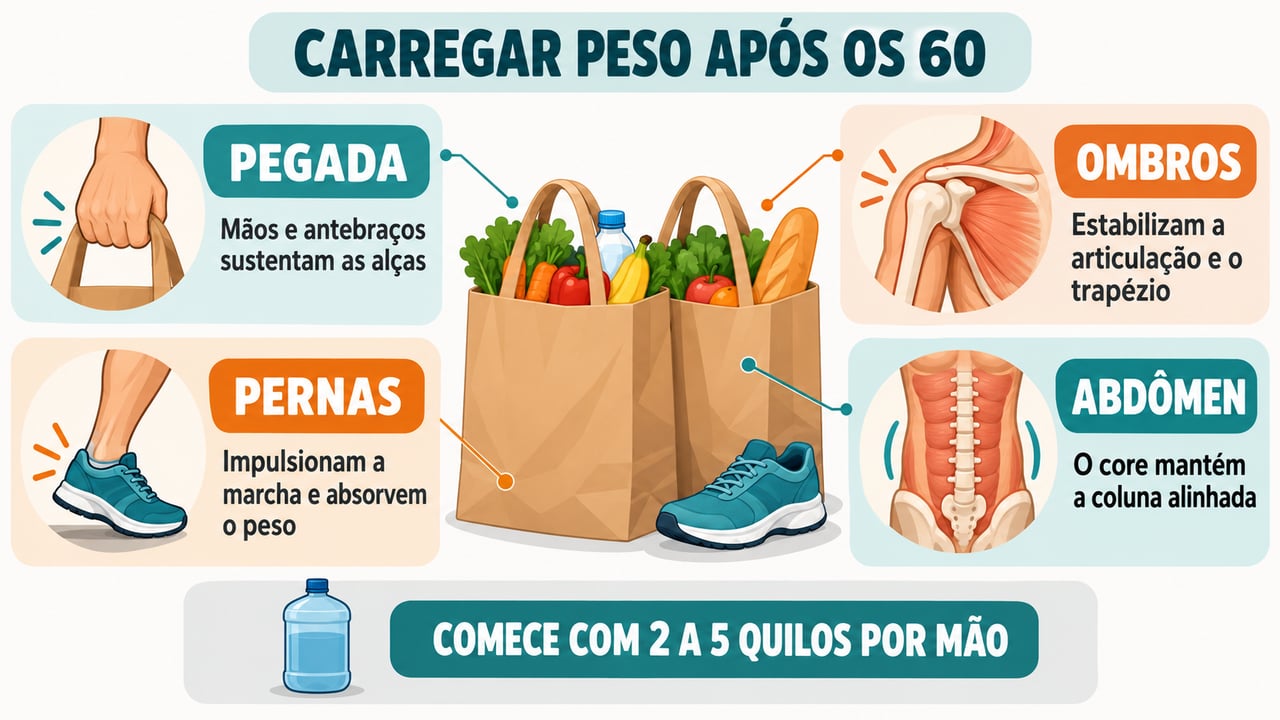 Mãos, ombros, pernas e core trabalham juntos ao transportar carga no dia a dia.