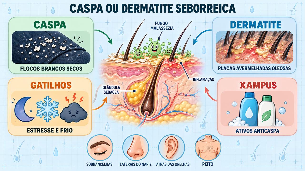 Infográfico compara caspa e dermatite seborreica, seus gatilhos, xampus indicados e áreas do corpo afetadas.