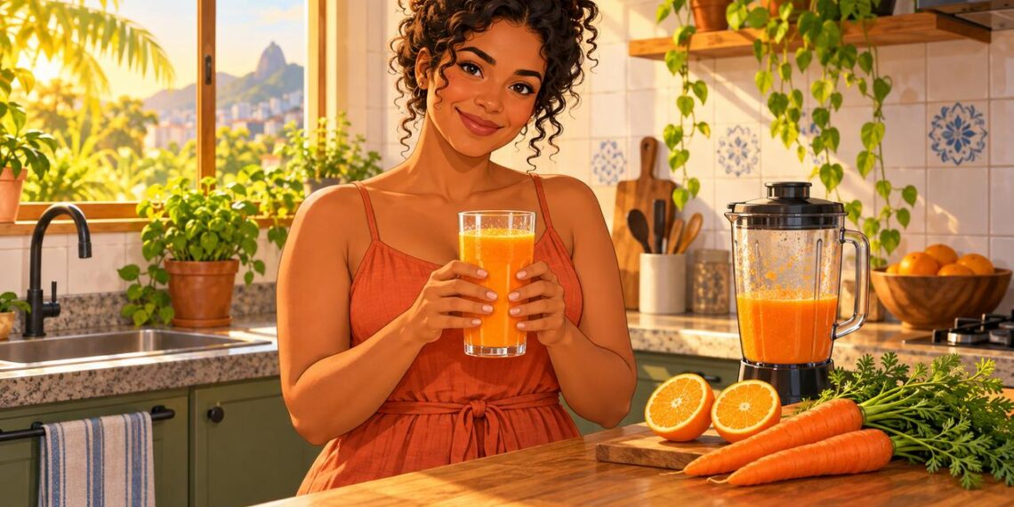 Suco de cenoura com laranja batido na hora reúne carotenoides e vitamina C em um copo só.