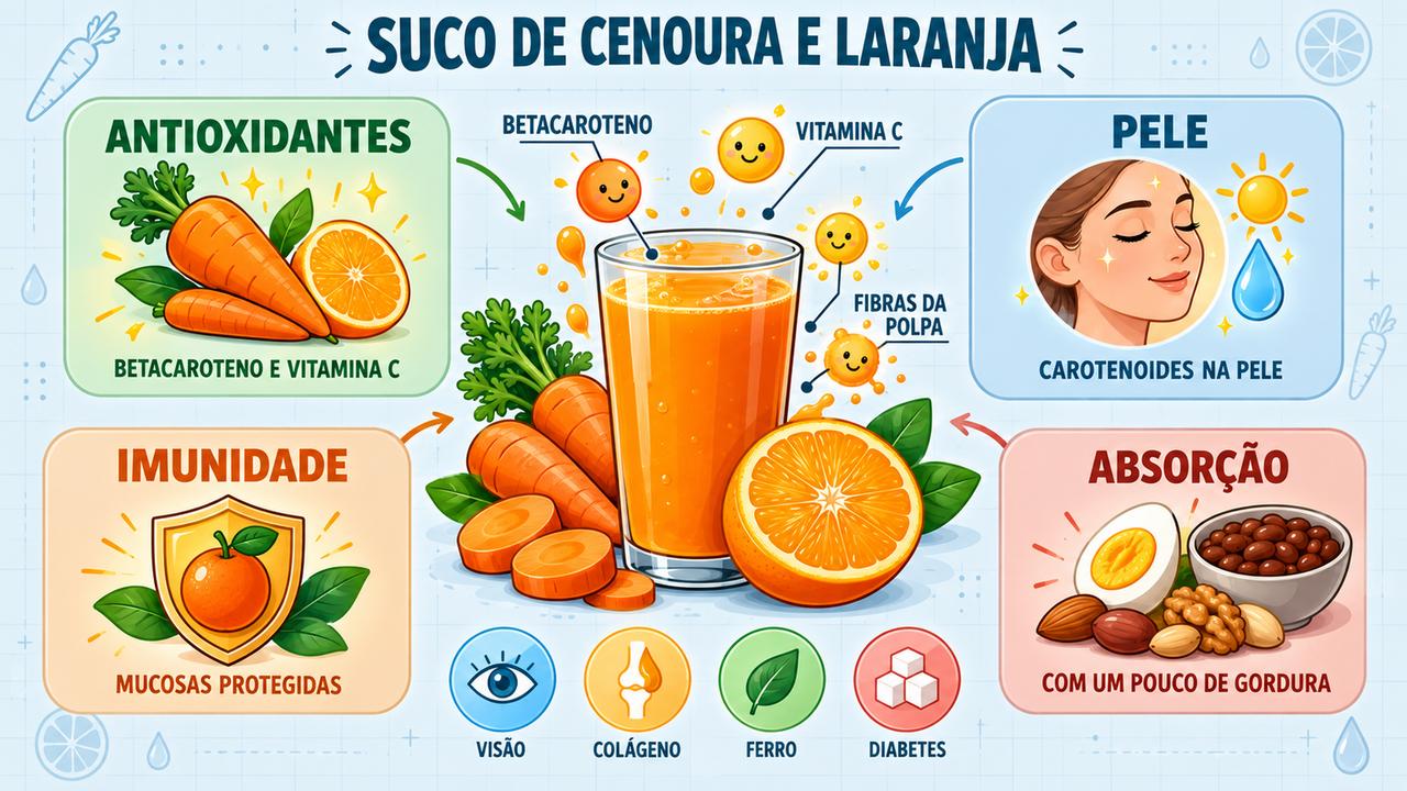 Quatro pilares do suco de cenoura e laranja: antioxidantes, pele, imunidade e melhor absorção dos nutrientes.
