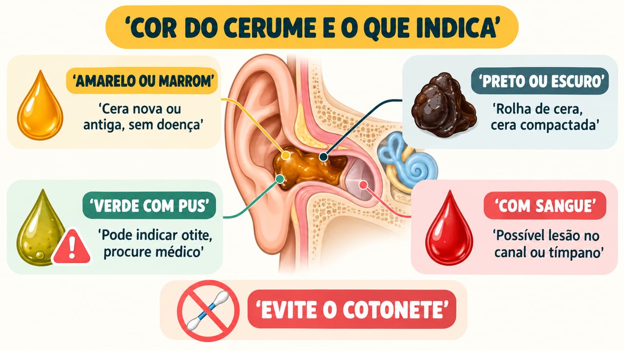 Amarelo, preto, verde ou com sangue: cada cor do cerume traz pistas diferentes sobre a saúde do ouvido.