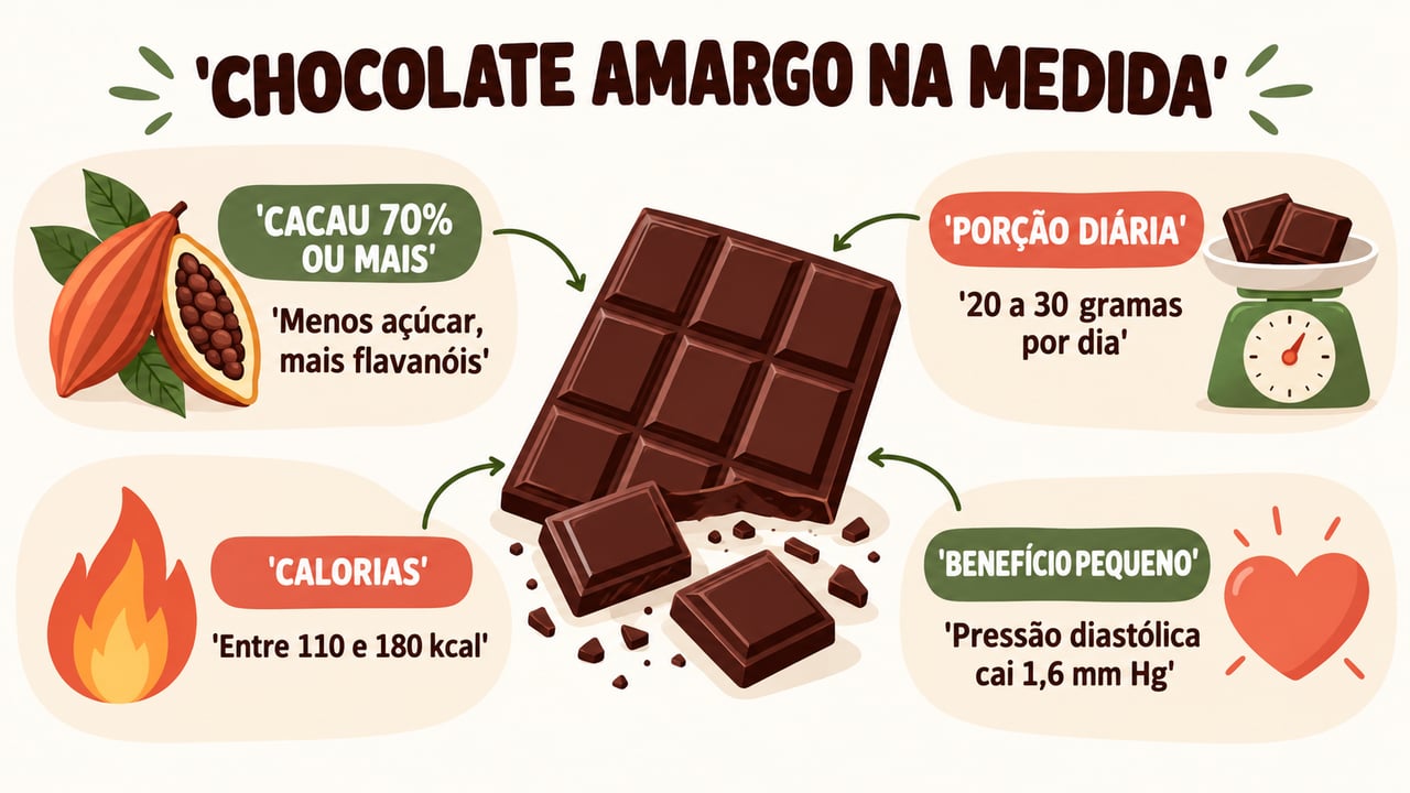 Infográfico resume o chocolate amargo: teor de cacau, porção diária, calorias e efeito discreto na pressão.