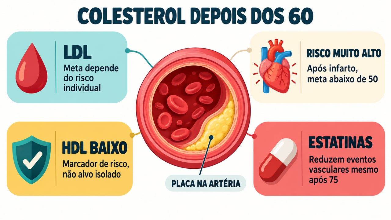 Infográfico resume LDL, risco muito alto, HDL baixo e estatinas na saúde cardiovascular depois dos 60.