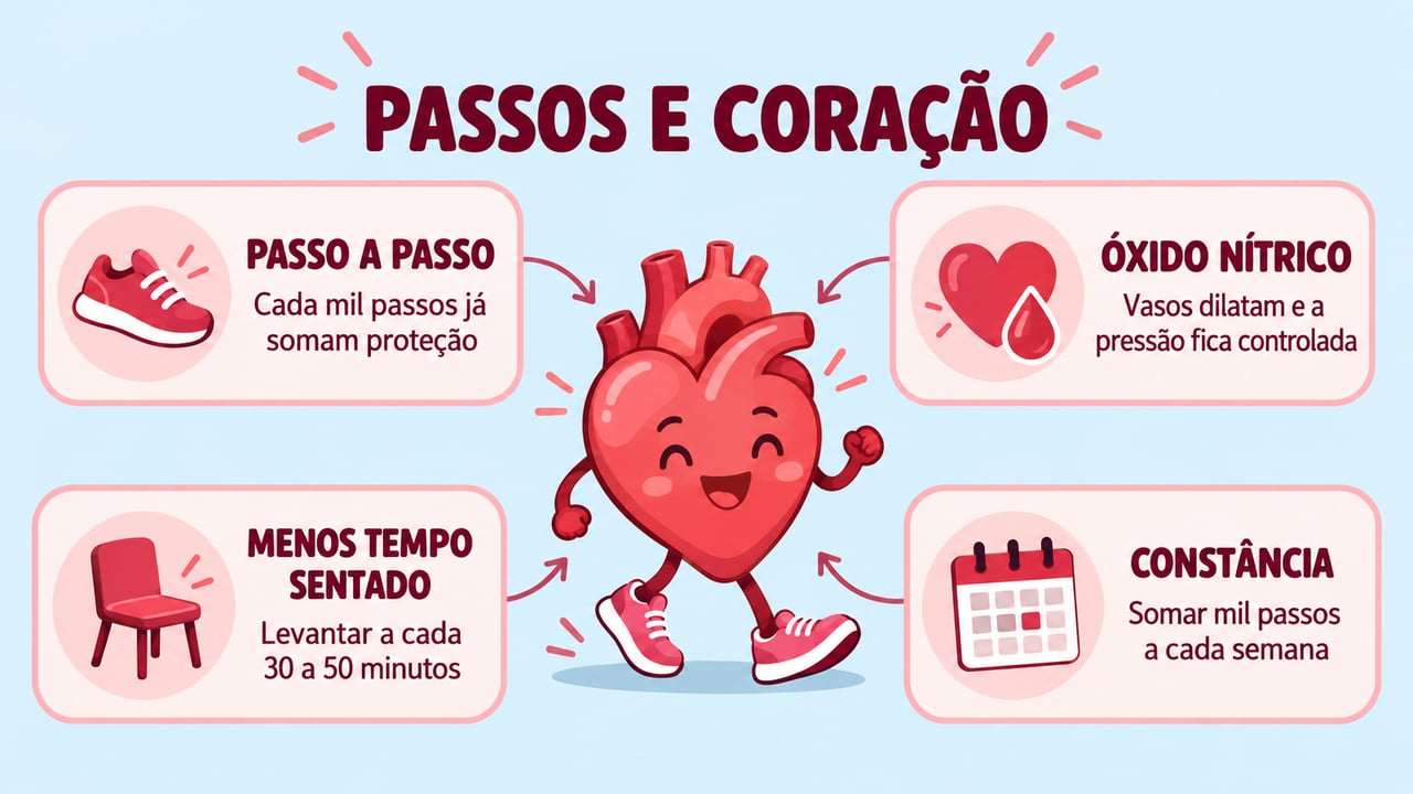 Passos somados, óxido nítrico, pausas no sedentarismo e constância formam a base da proteção do coração.