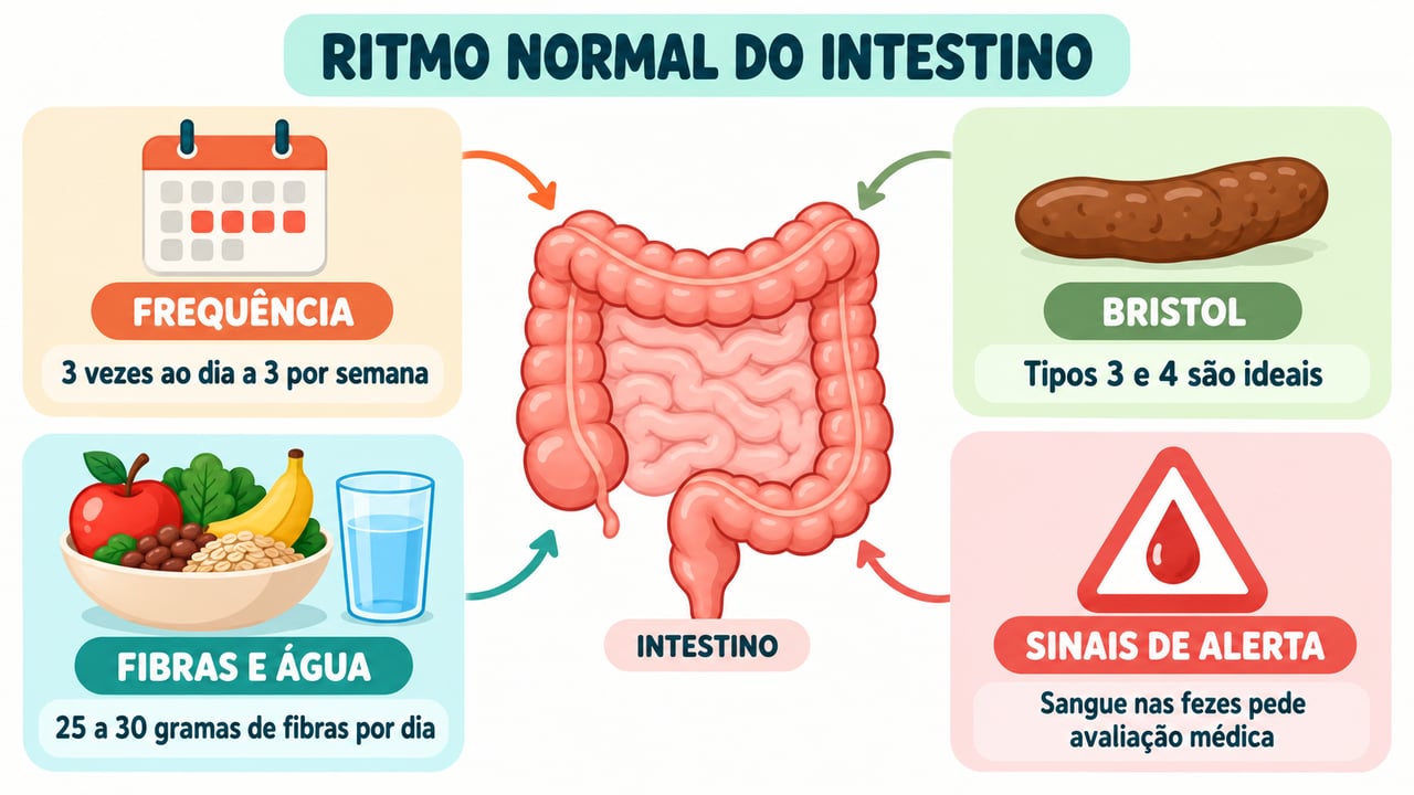 Frequência normal, escala de Bristol, fibras com água e sinais de alerta do intestino.