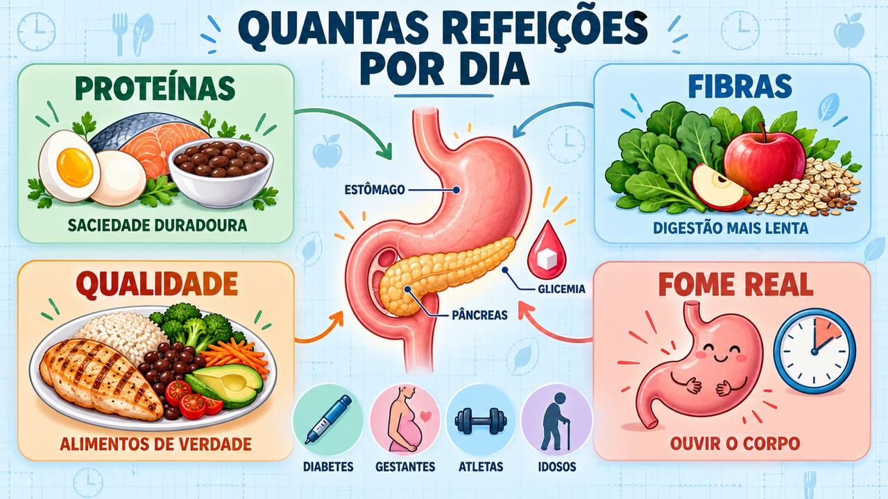 Proteínas, fibras, qualidade dos alimentos e fome real pesam mais que o número de refeições.