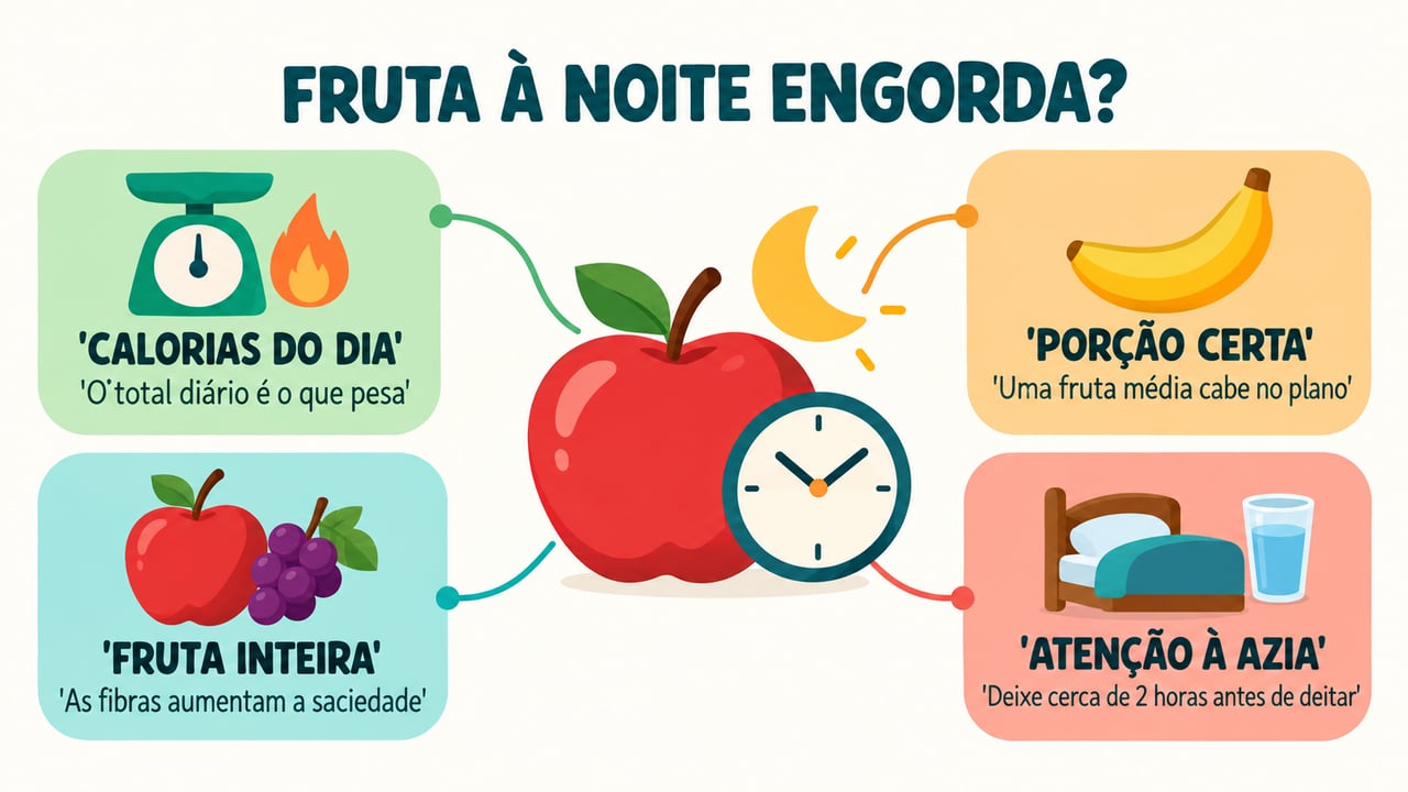Calorias do dia, porção certa, fruta inteira e atenção à azia guiam o consumo noturno.