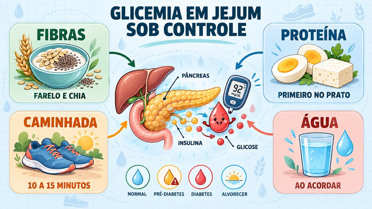 Fibras, proteína, caminhada e água ao acordar: quatro pilares para reduzir picos de glicose pela manhã.