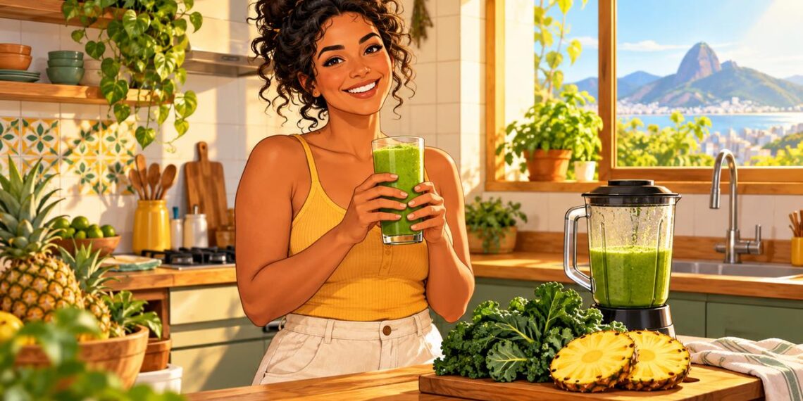 Suco verde de couve com abacaxi, bebida fresca que reforça fibras, vitamina C e antioxidantes no café da manhã.