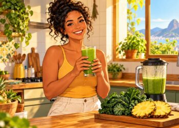 Suco verde de couve com abacaxi, bebida fresca que reforça fibras, vitamina C e antioxidantes no café da manhã.