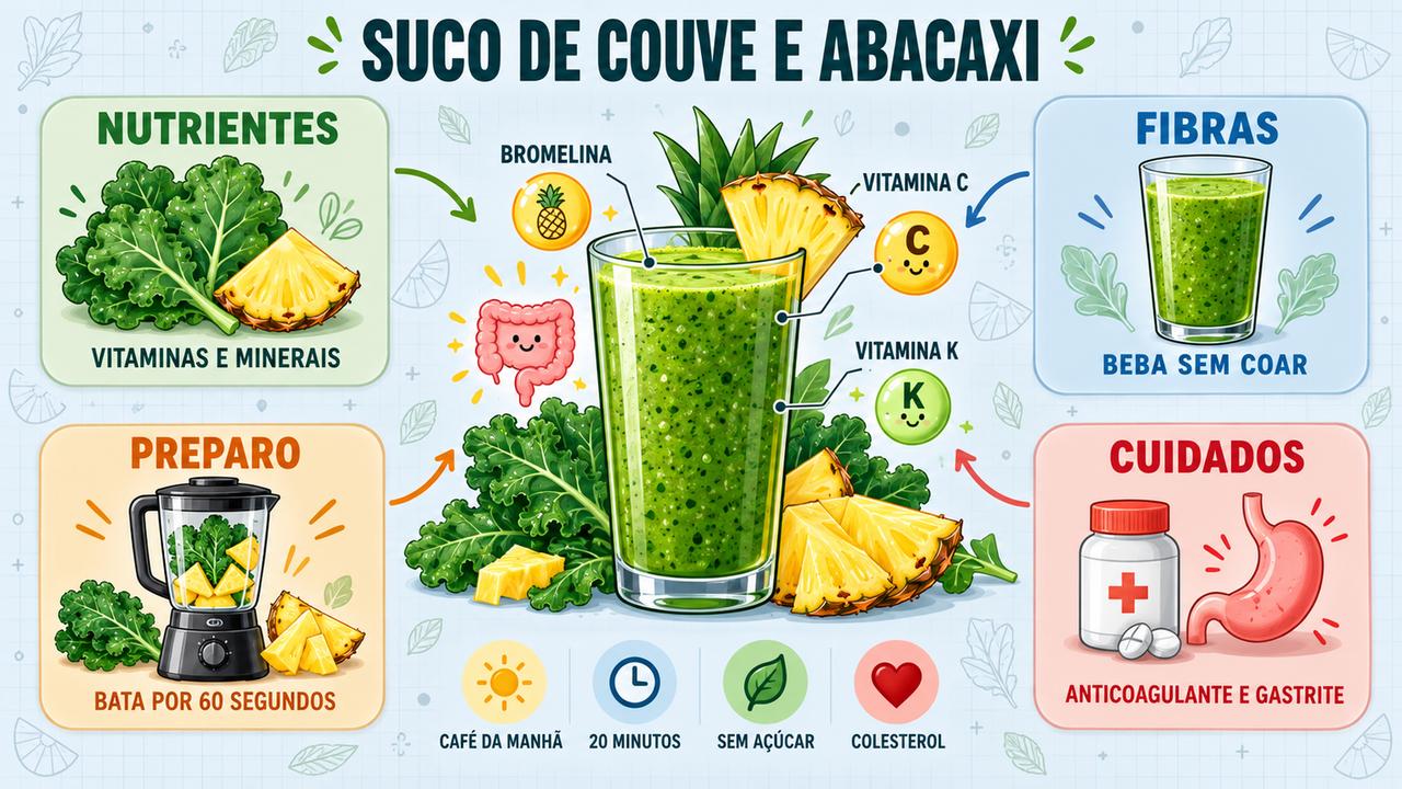 Nutrientes, fibras, preparo correto e cuidados são os quatro pilares para tomar o suco de couve e abacaxi.